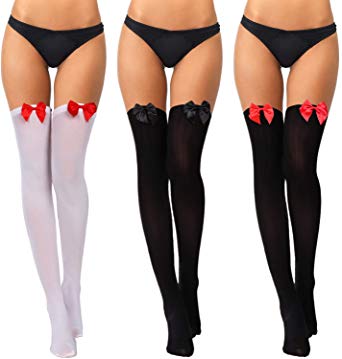 3 Pairs Women Bow Lace Thigh High Stockings Valentine's Day Over The Knee Socks for Dress Daily Favors