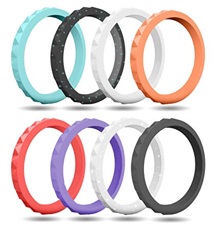 FluxActive Silicone Wedding Ring for Women, 8 Band Pack, Thin Stackable Rubber Bands - Diamond Pattern Rings