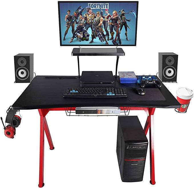 LAZZO Gaming Desk 41" Gaming Table Home Computer Desk with Display Support Plate, Cup Holder and Headphone Hook,Gamer Workstation Game Table, Curved Front Desktop,Red & Black Design(41" Wx23.5 D)