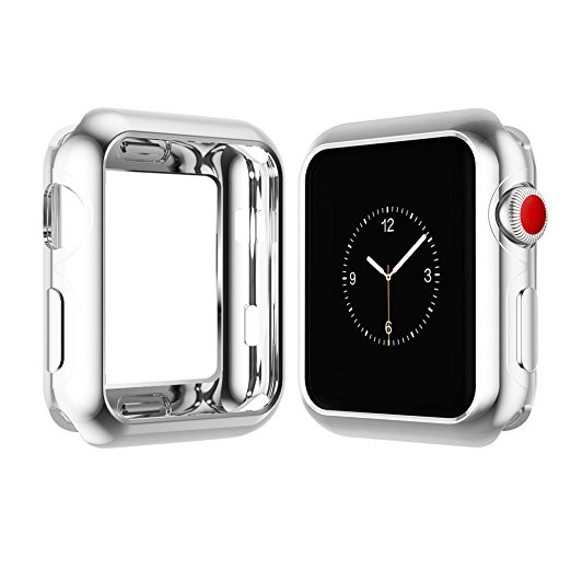 Apple Watch Case, top4cus Scratch-resistant Soft Flexible Silicone Plated Lightweight Protector case for Apple iwatch 38mm All Series（ Series 3 Series 2 Series 1 ）- Silver，38mm