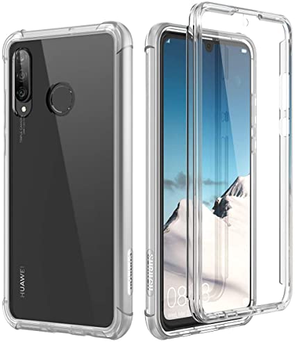 SURITCH Case for Huawei P30 Lite,[Built-in Screen Protector] Marble Shockproof Rugged 360 Full Body Bumper Protective Cover (Transparent)