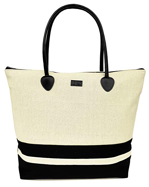Tote Shoulder Beach Bag in Canvas Striped Large Foldable Zippered Fashion Cute for Travel and Everyday
