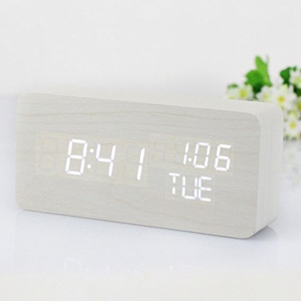 Elecsmart Decorative Desktop Alarm Clock with Time and Temperature Display - Sound Control - Latest Generation Week display(White wood white light)