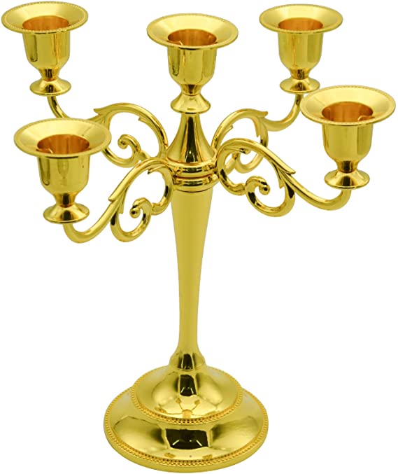 Honysky Tidelence 5-Candle Metal Candelabra Candlestick 10.6 inch Tall Candle Holder Wedding Event Candelabra Candle Stand (Gold)