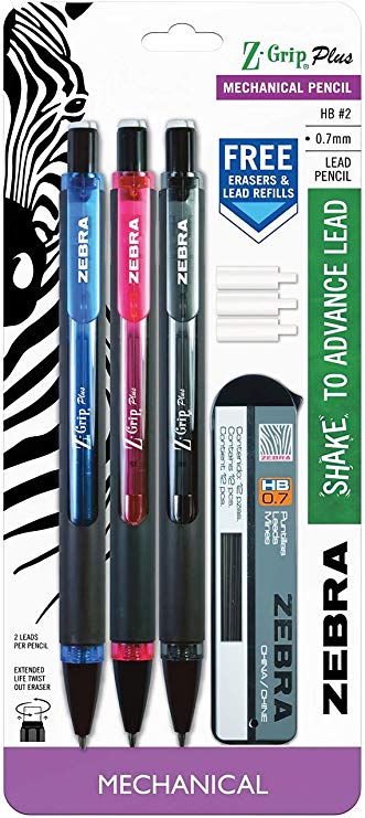 Zebra Pen Z-Grip Plus Mechanical Pencil, 0.7mm, Bonus Lead and Erasers, Assorted Barrel Colors, Blue, Pink, Black, 3 Pack