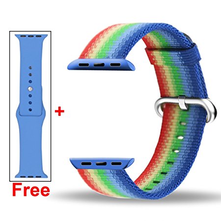 Inteny Apple Watch Band,Rainbow Colorful Stripes Woven Nylon Band With Free Silicone Band Replacement Wrist Bracelet Strap Buckle for iWatch,42mm