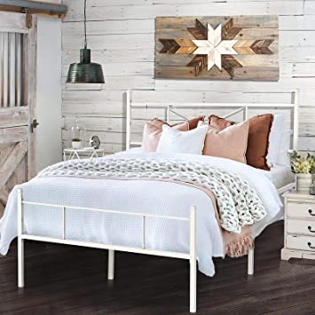 HAAGEEP White King Size Bed Frame with Headboard and Footboard Metal Platform Bedframe with Storage No Box Spring Needed 14 Inch High