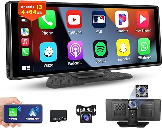 [4G 64G] Android 13 Portable Wireless Apple Carplay Car Stereo with 2.5K Dash Cam 10.26 Inch Touchscreen Car Radio with Front Camera 8 core Android Auto GPS Navigation WiFi Bluetooth