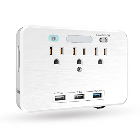 Wall Mount Outlet Power Surge Protector with Quick Charger 3.0 Ports 3 AC Outlet Extenders 3 USB Charging Ports Sensor LED Night Light and Dual Slide Out Phone Holders for iPhone, iPad and Others.