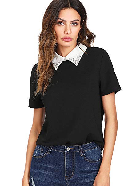 Romwe Women's Cute Contrast Collar Short Sleeve Casual Work Blouse Tops