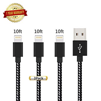 Ulimag Lightning Cable 3Pack 10FT Nylon Braided iPhone Cable - USB Cord Charging Charger for Apple iPhone 7, 7 Plus, 6, 6s, 6 , 5, 5c, 5s, SE, iPad, iPod Nano, iPod Touch - Black White
