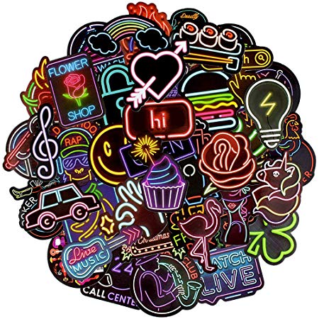 Waterproof Vinyl Stickers for Laptops Car Decals Party Supplies Decor (50Pcs Neon Style)