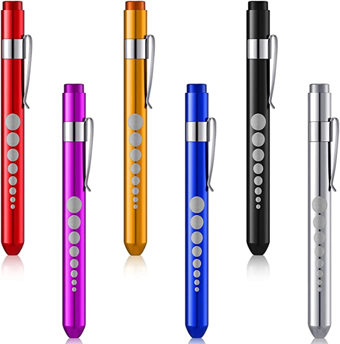 6 Pieces Pen Light Included Batteries Reusable LED Penlight Pupil Gauge Warm Light Pen Reusable Penlights for Home Care Daily Care, (Black, Red, Blue, Purple, Gold and Silver)