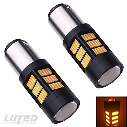 LUYED 2 X Extremely Bright 1157 4014 72-EX Chipsets 1157 2057 2357 7528 LED Bulbs Used for Turn Signal,Black Metal Aluminum Dissipate Heat With Adjustable Lens,Amber