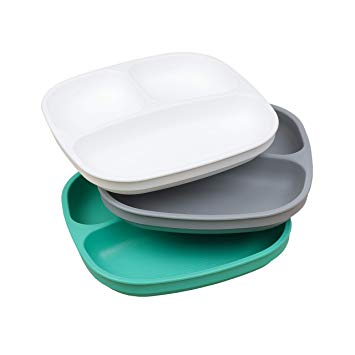 Re-Play Made in The USA 3pk Toddler Feeding Divided Plates with Deep Sides for Easy Baby, Toddler, Child Feeding (Aqua/Grey/White)