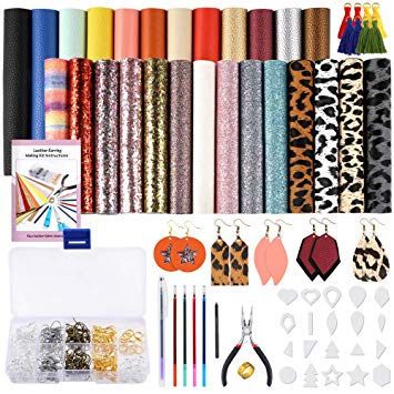 PP OPOUNT Leather Earring Making Kits Include Instructions, 26 Pieces 7 Styles Faux Leather Fabric,180 Pieces Earring Hooks, 180 Pieces Jump Rings, Tassel Pendant for Earrings Making (6.3 x 8.3 inch)