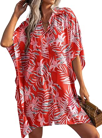 Ekouaer Women's Swimsuit Cover Up 3/4 Sleeve Beachwear Bikini Coverups Button Down Oversized Cover Up Shirt S-3XL