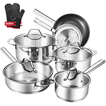 Deik Cookware Set, Kitchenware Set, MultiClad Pro Stainless Steel 12-Piece Pots and Pans Set, Rustproof & Oven-Safe Cooking Pots, PFOA Free & Riveted Handles with a Bonus of Oven Mitts (Silver)