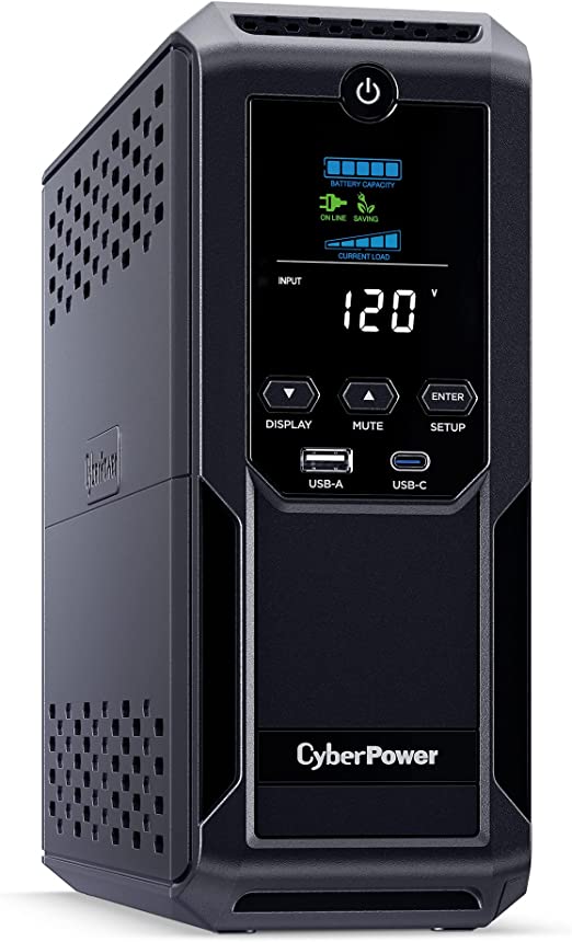 CyberPower CP1500AVRLCD3 Intelligent LCD UPS System, 1500VA/900W, 12 Outlets, 2 USB Ports, AVR, Mini Tower