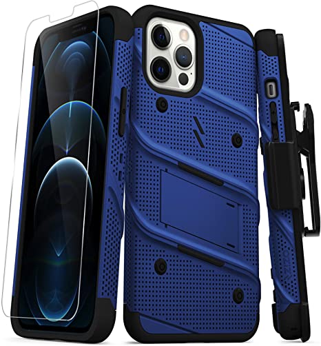 ZIZO Bolt Series for iPhone 12 Pro Max Case with Screen Protector Kickstand Holster Lanyard - Blue & Black