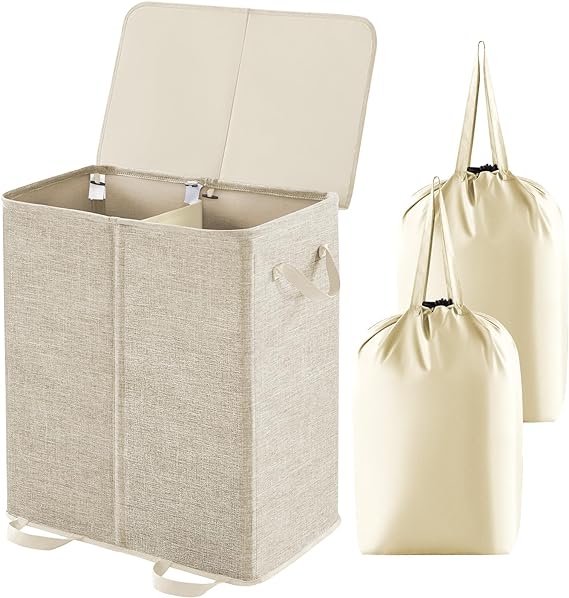 Lifewit Double Laundry Hamper with Lid and Removable Laundry Bags, Large Collapsible 2 Dividers Dirty Clothes Basket with Handles for Bedroom, Laundry Room, Closet, Bathroom, College, Beige