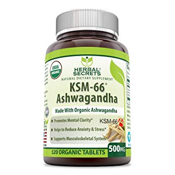 Herbal Secrets Certified Organic KSM-66 Ashwagandha 500 Mg 120 Organic Tablets