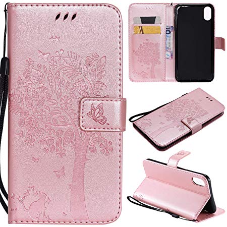 NOMO iPhone XR Case,iPhone XR Wallet Case,iPhone XR Flip Case PU Leather Emboss Tree Cat Flowers Folio Magnetic Kickstand Cover with Card Slots for Apple iPhone XR (6.1 inch) 2018 Release, Rose Gold