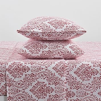 Tahari Home - Queen Sheet Set, 4-Piece Cotton Flannel Bedding with Matching Pillowcases, Soft & Cozy Home Decor (Damask Red, Queen)
