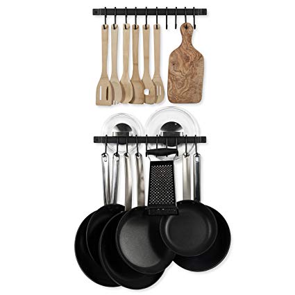 WALLNITURE Gourmet Kitchen Rail Hanging Utensil Organizer Rack with Hooks Iron Black 17” Inch Set of 2