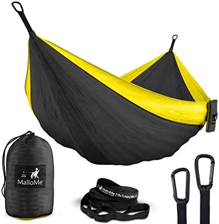 MalloMe Double & Single Portable Camping Hammock - Parachute Lightweight Nylon with Hammok Tree Straps Set- 2 Person Equipment Kids Accessories Max 1000 lbs Breaking Capacity - Free 2 Carabiners