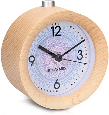 Navaris Wood Analog Alarm Clock - Round Battery-Operated Non-Ticking Clock with Snooze Button and Light - Light Brown, Indian Sun