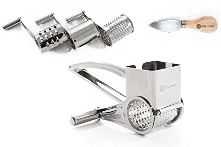 Parmesan Rotary Cheese Grater Stainless Steel | Slicer Shredder with 3 Interchanging Ultra Sharp Cylinder Drums and Knife | Professional Pistachio Grinder also for Chocolate Vegetables Nuts and Fruits