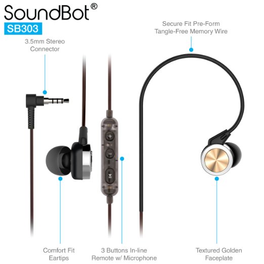 SoundBot® SB303 Memory Wire Frame Headset Ergonomic Secure-Fit Earbud Sports Active Earphone w/ Dynamic 10mm Titanium Transducer Driver, Acoustic Structure, In-line Control Mic In-Ear Noise Isolation