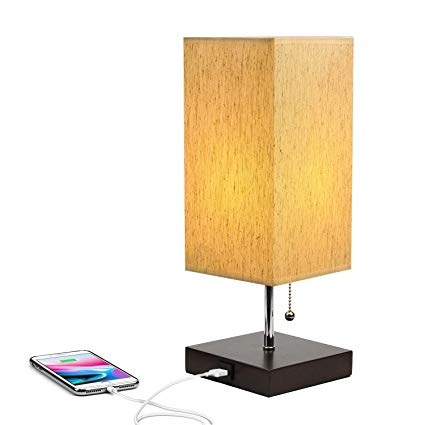 TESLACOM USB Bedside Table Lamp,Desk Lamps with Charging Port for iPhone and Other Device, Solid Wood Lamps Nightstand Mini UL Listed Fabric Shade for Bedroom,Living Room,Kids Room,College Dorm