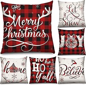 6 Pieces Christmas Pillow Covers 18 x 18 Inch Buffalo Plaid Cushion Case Christmas Pillow Case Holiday Throw Pillow Cover for Xmas Winter Sofa Couch Bedroom Decorations (Red, Black)