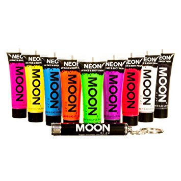 Moon Glow Blacklight Intense Neon UV Face and Body Paint 0.42oz - Set of 9 Tubes - Inc UV Keyring