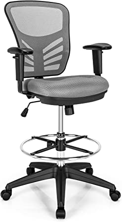 Giantex Mid-Back Drafting Chair, Mesh Ergonomic Office Chair w/Adjustable Foot Ring & Armrests, Standing Desk Drafting Stool Perfect for Esthetician Artist, Heavy Duty Base for Home Office (Grey)