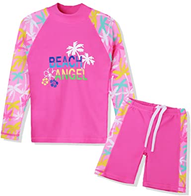 TFJH E Girls Swimsuit UPF 50  UV Two Piece Long Sleeve Swimwear Rash Guard Sets 3-12Y