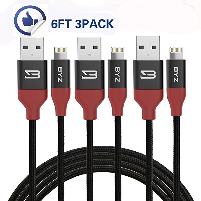 BYZ Lightning Cable 6ft/1.8m IPhone Charger Nylon Braided USB cable Sync & Charging Cord for iPhone 8/8Plus iPhone 7 Plus 7 6S Plus 6 Plus SE 5S 5C 5, iPad 2 3 4 Mini, iPad Pro Air, iPod [3 PACK]