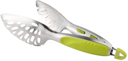 Dexas Spoon and Strain Stainless Steel Slotted Tongs, Green Handles