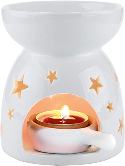 ComSaf Wax Melt Essential Oil Burner White - Star Pattern, Ceramic Aroma Burners Assorted Wax Warmer Aromatherapy Tarts Holder Candle Scented Diffuser Home Bedroom Decor Christmas Housewarming Gift