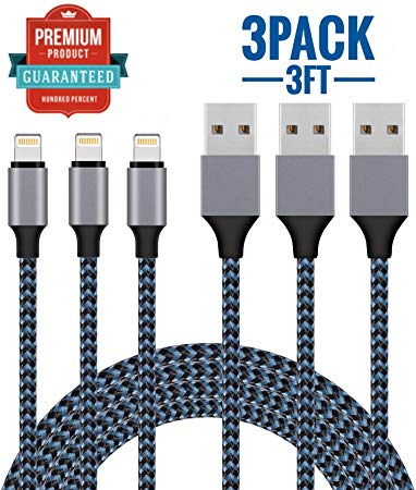 Sundix iPhone Charger, 3Pack 3FT Lightning Cable iPhone Charger Cable Nylon Braided Fast Charging &Syncing Cord Compatible iPhone XR/XS/XS Max/X/8/8Plus/7/ 7Plus/6/6s/6sPlus/ SE/iPad/iPod-Blue & Black