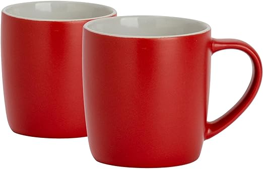2x Red 350ml Matt Coloured Coffee Mugs - Ceramic Stoneware Tea Latte Cappuccino Cups Set with Handle - by Argon Tableware