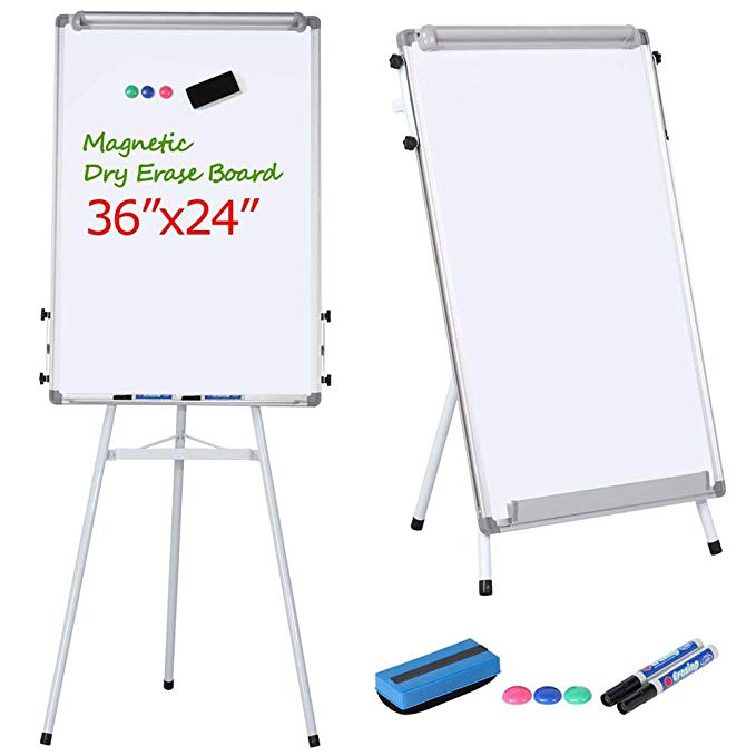 Yaheetech Tripod Whiteboard Easel - White Board Stand 36 x 24" Magnetic Dry Erase Board Tripod Easel Board Portable Flipchart Board White