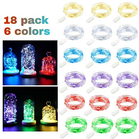 SmilingTown Starry String Lights 18 Pack Fairy Lights, LED Firefly Silver Color Wire Lights 20 LED 7.2FT Battery Powered Lights for DIY Wedding Party Jar Centerpiece Christmas Decorations (6-Colors)
