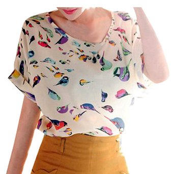 VOBAGA Womens Bird Heart Geometric Print Short Sleeve Chiffon Top T-shirt Blouses Shirt