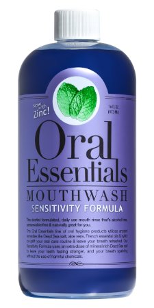 Oral Essentials Sensitivity Mouthwash Formula 16 Oz. Ideal for people with sensitive teeth and roots: Uses Natural Minerals in Dead Sea Salt, Less sensitivity in Two Weeks or Less