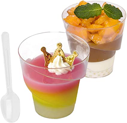 Foraineam 100-Pack 6 oz. Clear Plastic Dessert Tumbler Cups with 100 Spoons Disposable Reusable Appetizer Serving Bowls