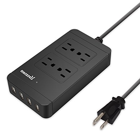 Surge Protector Power Strip, 4 AC Outlets   4 USB Charger Ports 1700J 2500W 10A 6ft Cord Charging Station with Overload Protection for iPhone, iPad & Other Electronics in Home, Office, Hotel (Black)