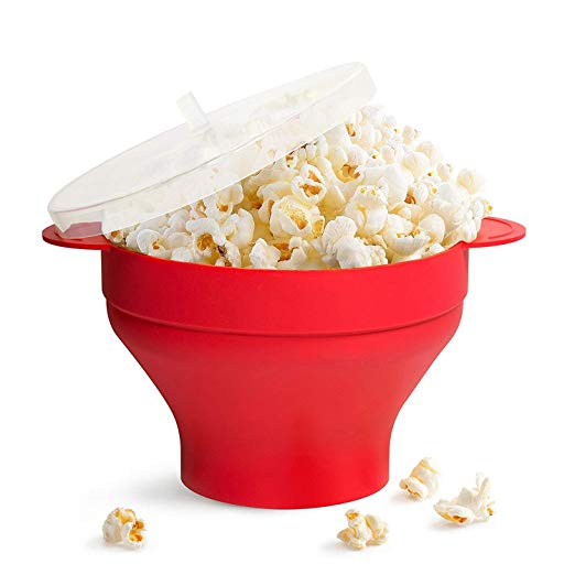 Popcorn Maker, Microwave Silicone Popcorn Popper with Lid and Handles Hot Air Big Size Collapsible Bowl BPA Free Dishwasher Safe Red High Temperature Resistance for Home, Party, See Movie